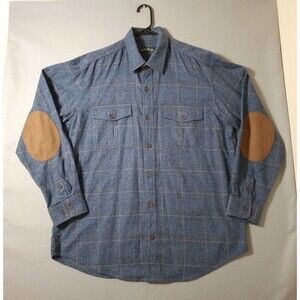 Orvis Plaid Flannel Shirt Men Large Blue Elbow Patch 100% Cotton Button Outdoors